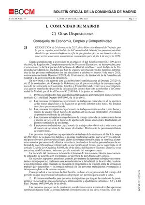 RESOLUCIÓN DE 24 DE MARZO DE 2021, REGULACIÓN DE PERMISOS RETRIBUIDOS PARA EJERCER EL DERECHO A VOTAR.