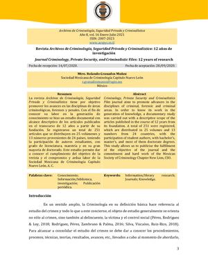 Revista Archivos de Criminología, Seguridad Privada y Criminalística: 12 años de investigación