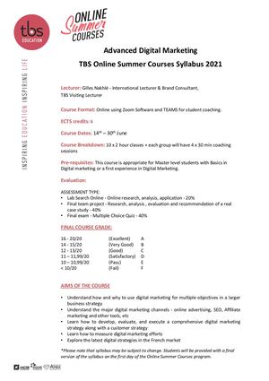 TBS Online Summer Courses 2021 Advanced Digital Marketing Syllabus