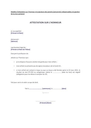 Attestation Sur L'honneur Parents (Personnels Indispensables à