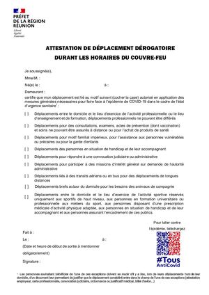 Attestation de déplacement dérogatoire durant les horaires de couvre-feu