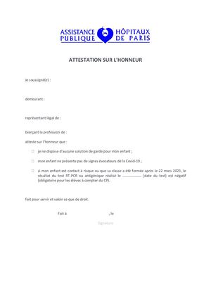 Attestation Sur L'honneur Parents Aphp D'enfants Scolarisés