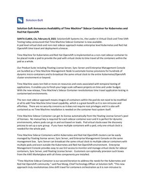 Solution Soft Announces Availability Of Time Machine® Sidecar Container For Kubernetes And Red Hat Openshift