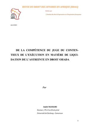 De La Compétence Du Juge Du Contentieux De L'execution En Matiere De Liquidation D'abstreinte Par André NGUEGHO