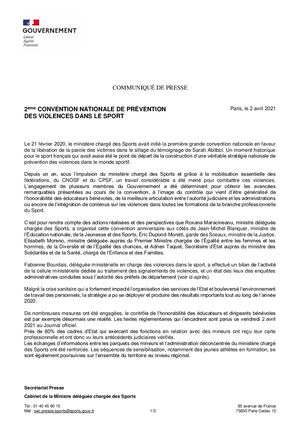Cp 2e Convention Nationale De Prevention Des Violences Dans Le Sport