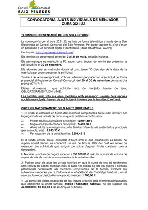 Convocatòria Ajuts Individuals De Menjador