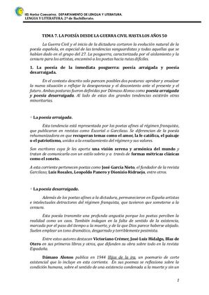 Tema 7 La Poesía Desde La Guerra Civil Hasta Los Años 50