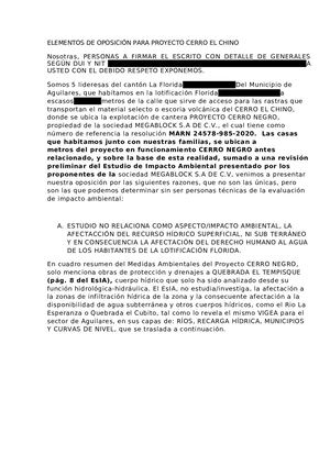 Elementos De Oposición Para Proyecto Cerro El Chino