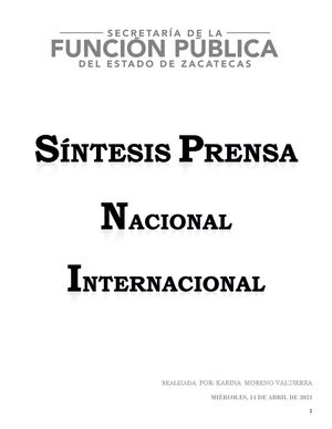 Síntesis Prensa Nacional Internacional 14 Abril 2021