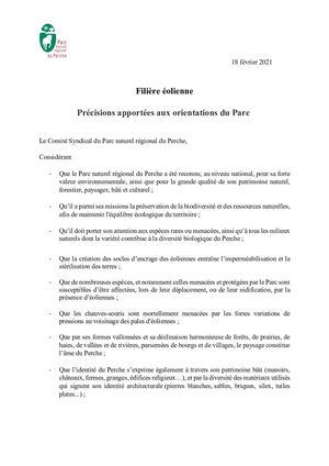 Précisions apportées aux orientations du Parc dans le domaine de l'éolien