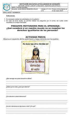 Taller 1 La Democracia Para 4° 1,2 Y 3