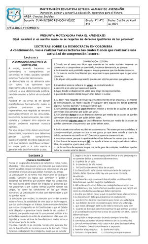 Taller 3 Y 4 Lecturas Sobre La Democracia Para 4° 1,2 Y 3