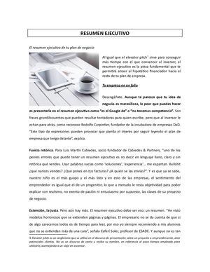 Guia Para Resumen Ejecutivo de un  PLAN DE NEGOCIOS