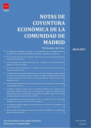 Notas De Coyuntura Económica De La Comunidad De Madrid. Abril 2021.
