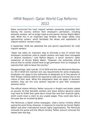 HRW Report:  Qatar World Cup Reforms | Labor Rights
