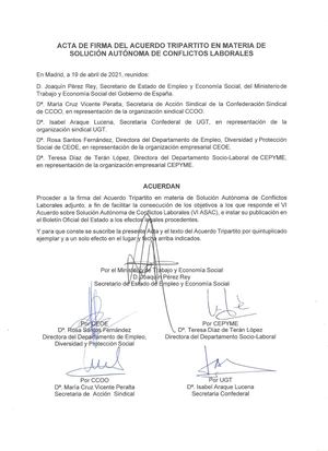 Acuerdo Tripartito en materia de solución autónoma de conflictos laborales.