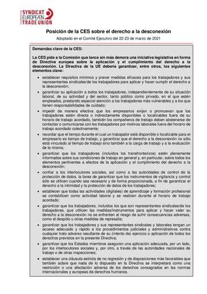 Posición de la CES sobre el derecho a la desconexión.