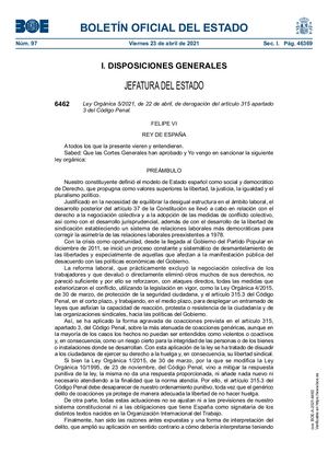 Código Penal, artículo 315.3 "DERECHO A HUELGA"