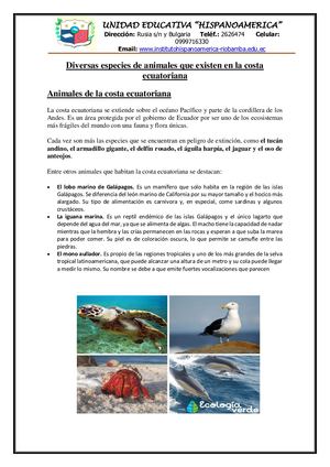 Especies de animales de la Costa