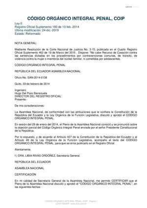 Código Orgánico Integral Penal, Coip