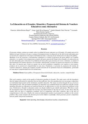 La Educación En El Ecuador, Situación Y Propuesta Del Sistema De Vouchers Educativos Como Alterna