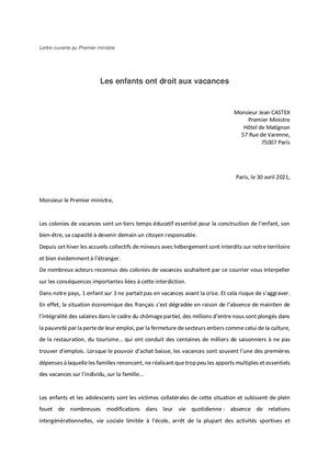 Lettre Ouverte Premier Ministre 30 04 2021