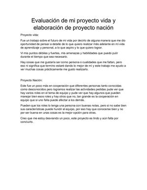 Evaluación De Mi Proyecto Vida Y Elaboración De Proyecto Nación