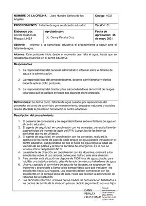 Protocolo A Seguir Por Faltante De Agua En El Centro Educativo