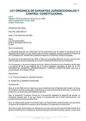Ley Orgánica De Garantías Jurisdiccionales Y Control Constitucional