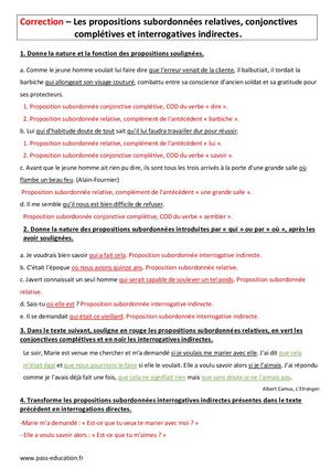 Correction Propositions Subordonnées 4ème Contrôle