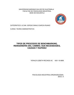 Tipos De Procesos De Benchmarking, Reingeniería Del Cambio, Sus Necesidades, Causas Y Rapidez