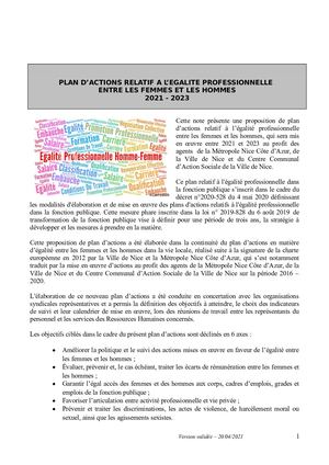 PLAN D’ACTIONS RELATIF A L’EGALITE PROFESSIONNELLE  ENTRE LES FEMMES ET LES HOMMES 2021 - 2023