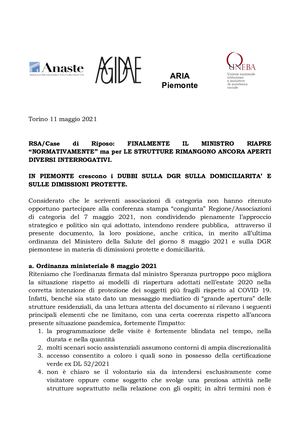 Piemonte, dimissioni protette in Rsa