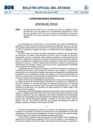 Ley Rider, Disposición 7840 Del Boe Núm 113 De 2021