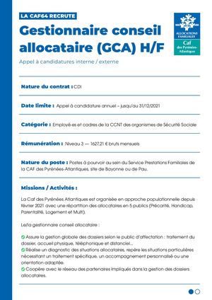 Offre de poste Caf 64 - Gestionnaire conseil allocataire