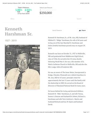 Kenneth Harshman Obituary (1927 2019) Mt Airy, Md The Frederick News Post
