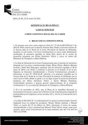 Corte Constitucional - SENTENCIA N.o 001-16-P.JO-CC - Relevancia Constitucional