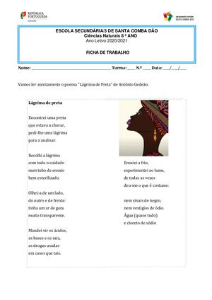 8º Ano Ficha Trabalho Lágrimas De Preta