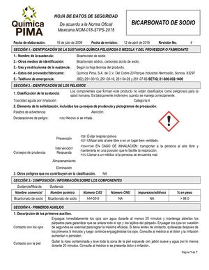 Ficha De Seguridad Bicarbonato De Sodio