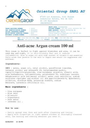 Anti Acne Argan Cream Data Sheet