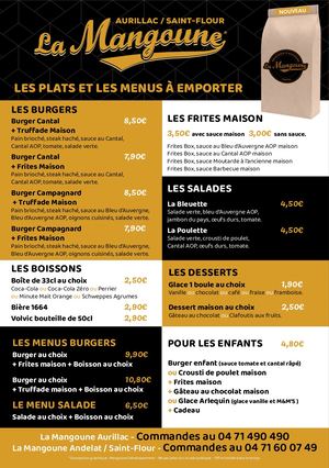 Carte Vente à emporter La Mangoune Aurillac Et Saint Flour
