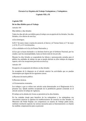 Extracto LOTTT Capitulo VIII Y IX Días Hábiles Y Vacaciones