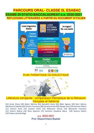 CLASSE 5L ESABAC Littérature comparée : comparaison thématique de la littérature française et italienneESAME DI STATO-BACCALAUREAT a.s. 2020-2021