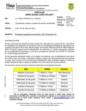 Circular 105 2021 Entrega De Paquetes De Alimentos 2021 (Protocolo 15).