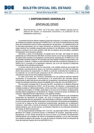 Real Decreto-ley 11/2021, de 27 de mayo. Medidas para la defensa del empleo y trabajadores autónomos