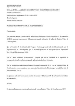 Reglamento A La Ley De Registro Unico De Contribuyentes, Ruc