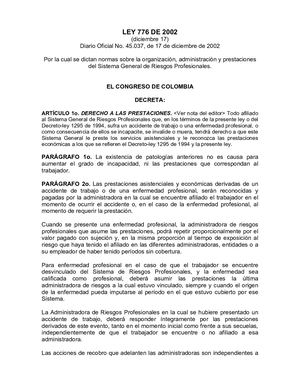 Ley 776 De 2002 Sistema General De Riesgos Profesionales