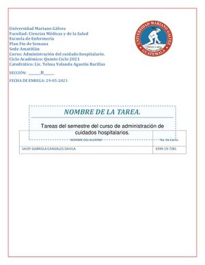 Administracion Del Cuidado Hospitalario Rotafolio De Las Tares Del Semestre