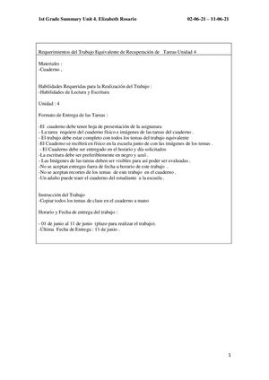 1st Grade Summary Unit 4 Elizabeth Ro