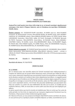 Procès verbal du conseil municipal - Séance du 04 03 2021